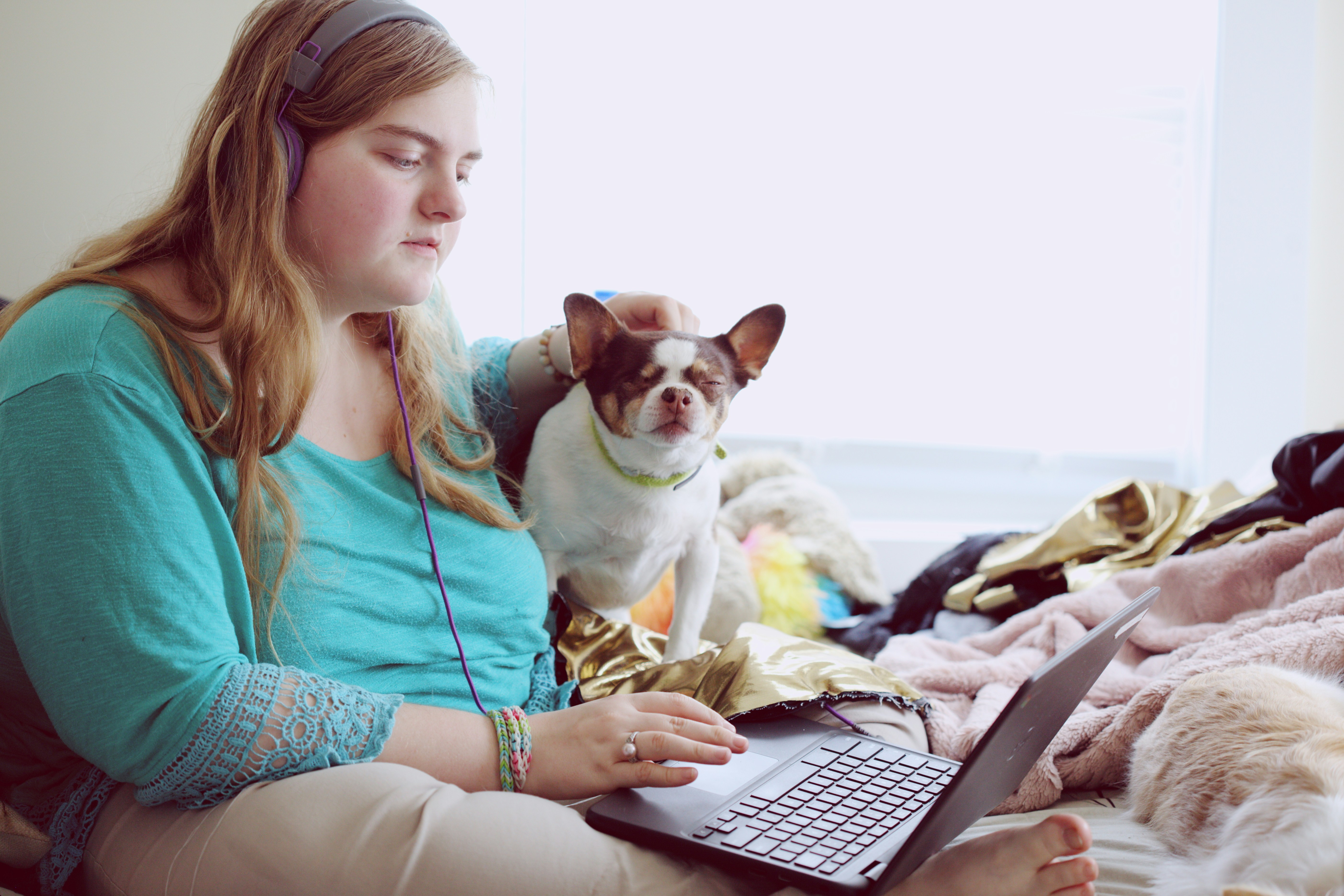 Image of a lady with her headphones on looking at a laptop with a friendly dog sitting next to her